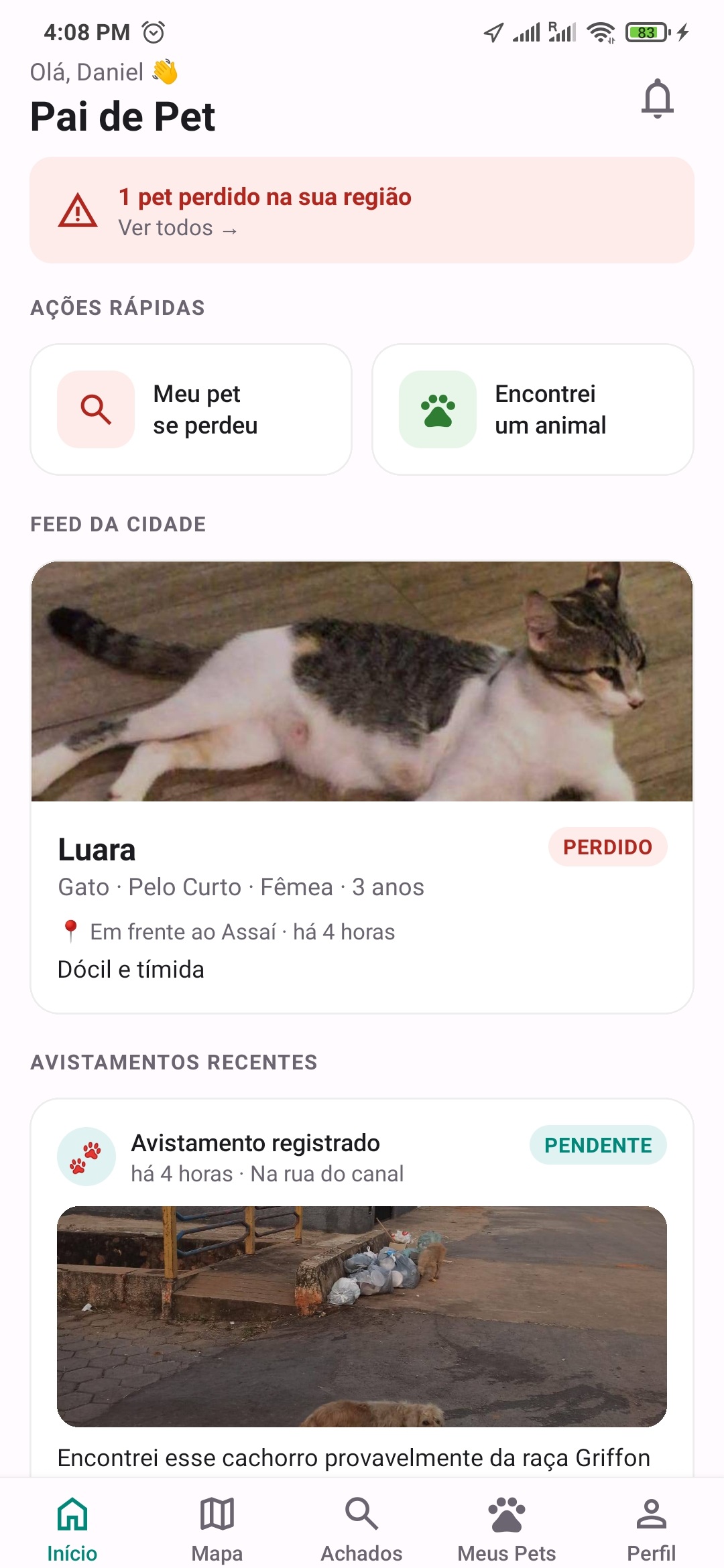 Tela inicial do app Pai de Pet, com alerta de pet perdido e feed de avistamentos da cidade